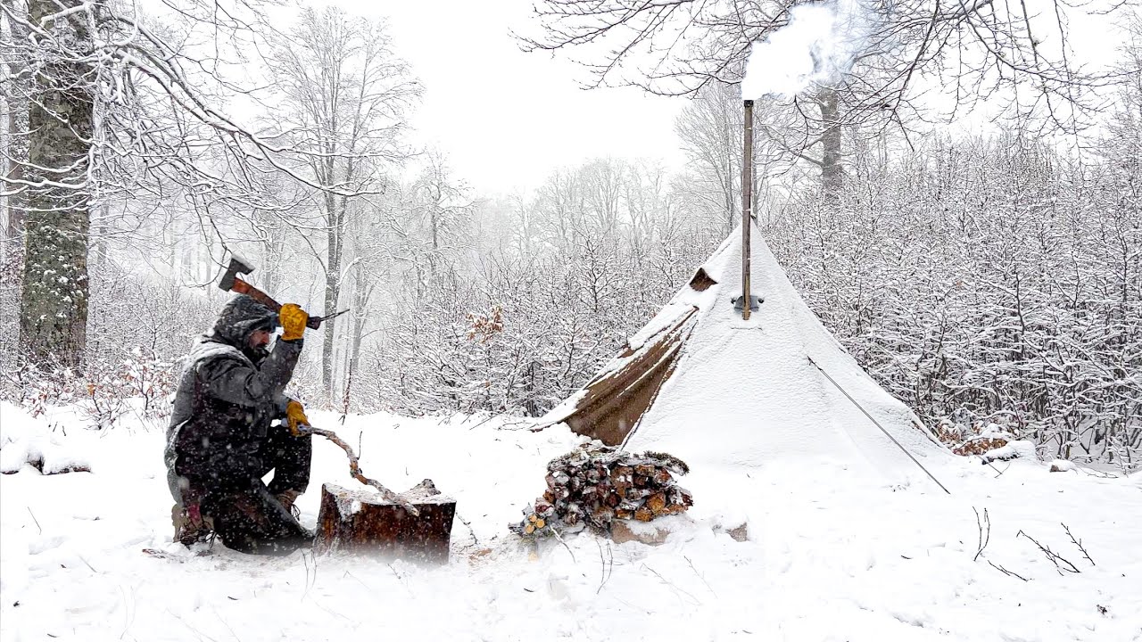 Winter Hot Tent Camping New Tent Setup With Wood Stove In Snowstorm Winter Hot Tent Camping New Tent Setup With Wood Stove In Snowstorm